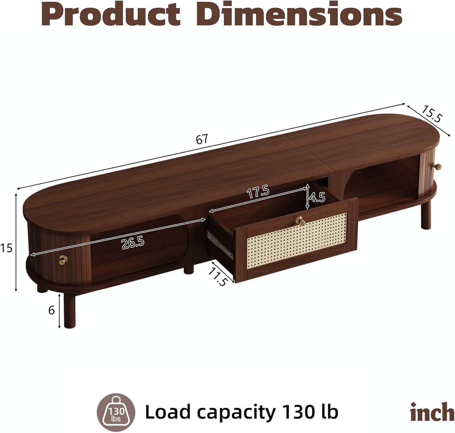 Modern TV Stand Cabinet,Fits 80“ TV Entertainment Center with Doors & Storage Compartments for Living Room Office Bedroom, Sturdy TV Console Table with Shelves, Easy Assembly (67” Rattan Walnut)