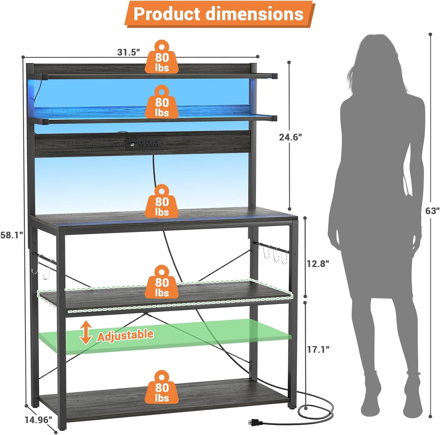 Bakers Rack with Power Outlet, Microwave Stand with LED Lights, 5-Tier Coffee Bar Cabinet with Storage, Kitchen Island Storage Rack with Hooks, Grey