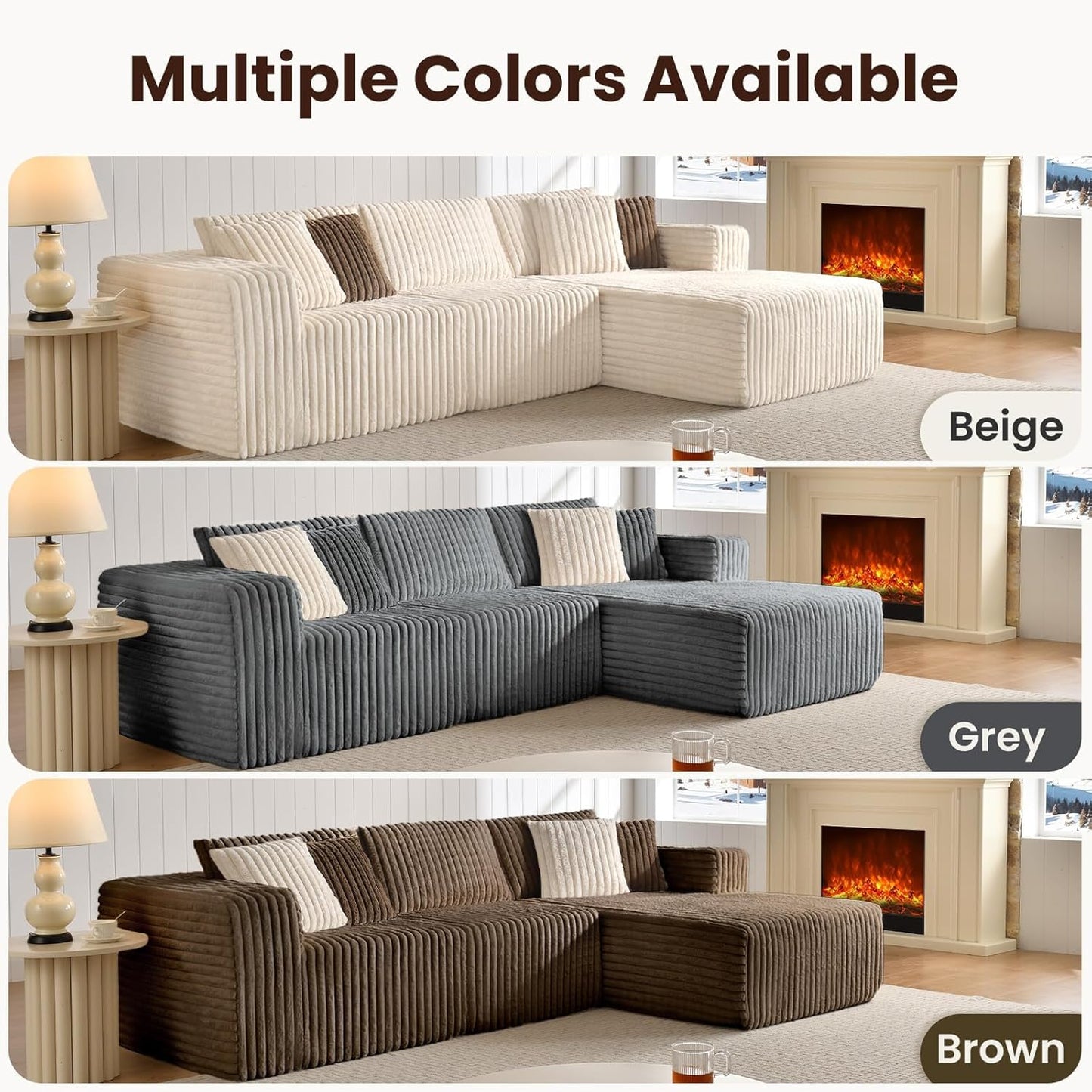 Modular Sectional Sofa Couch Luxurious Corduroy - High-Density Foam, Non-Slip Stability, Easy Setup with Box Packaging, Comfortable & Durable for Living Room, Apartment, Bedroom - Brown