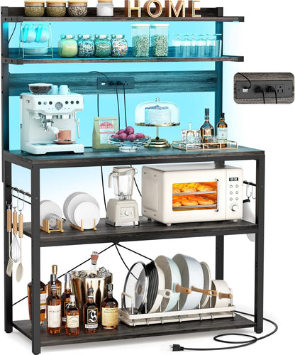 Bakers Rack with Power Outlet, Microwave Stand with LED Lights, 5-Tier Coffee Bar Cabinet with Storage, Kitchen Island Storage Rack with Hooks, Grey