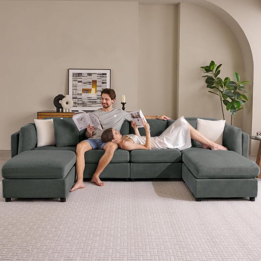 Sectional Sofa with Storage,Modern 6-Piece Convertible Sectional with 2 Chaises for Your Living Room, Bedroom, Home Office, or Guest Room, Includes 4 Cozy Pillows, Easy to Install, Dark Grey