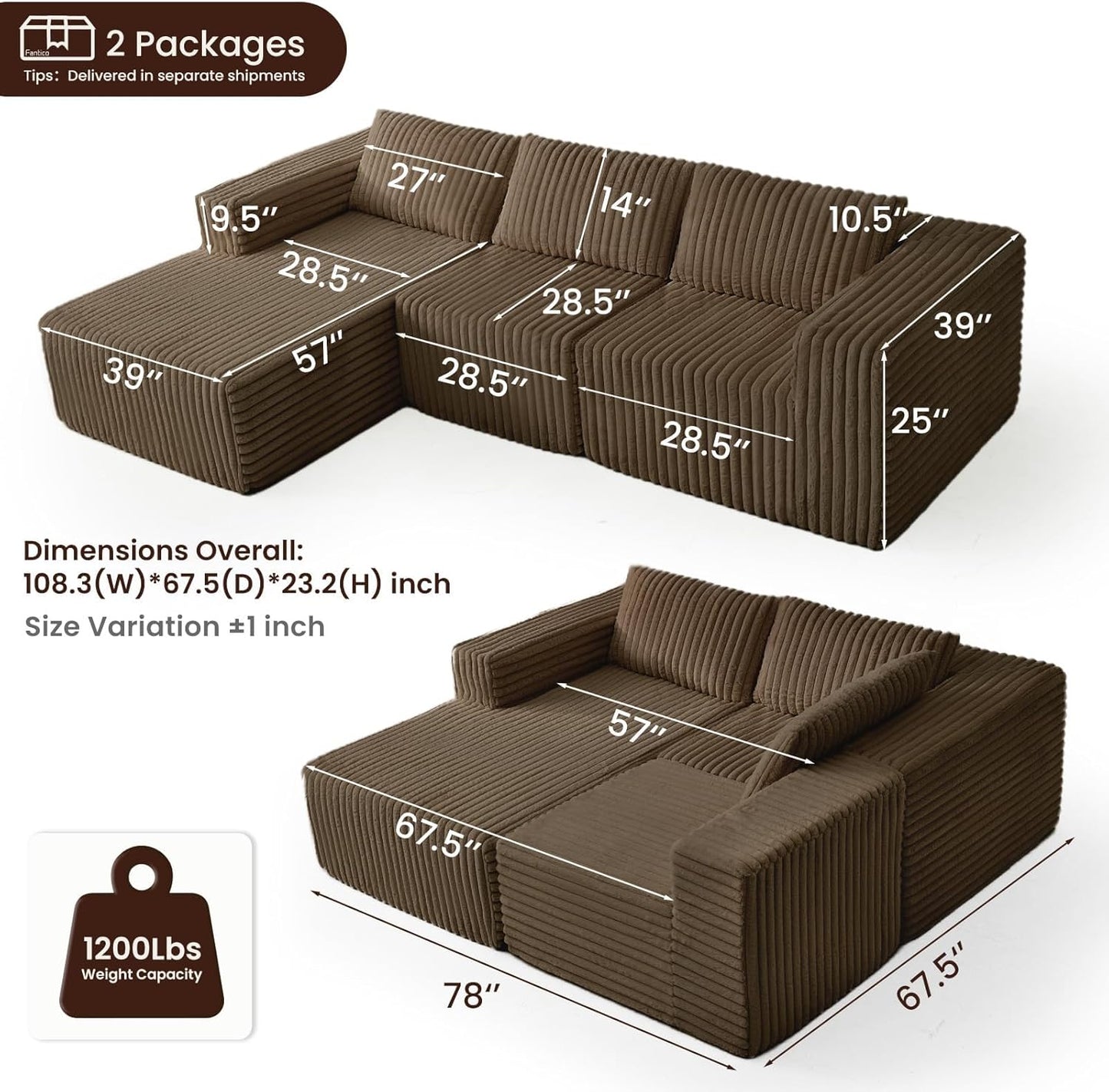 Modular Sectional Sofa Couch Luxurious Corduroy - High-Density Foam, Non-Slip Stability, Easy Setup with Box Packaging, Comfortable & Durable for Living Room, Apartment, Bedroom - Brown