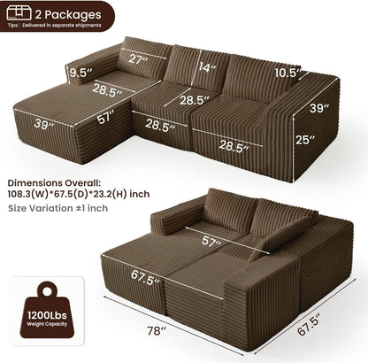 Modular Sectional Sofa Couch Luxurious Corduroy - High-Density Foam, Non-Slip Stability, Easy Setup with Box Packaging, Comfortable & Durable for Living Room, Apartment, Bedroom - Brown