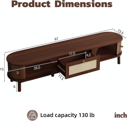 Modern TV Stand Cabinet,Fits 80“ TV Entertainment Center with Doors & Storage Compartments for Living Room Office Bedroom, Sturdy TV Console Table with Shelves, Easy Assembly (67” Rattan Walnut)