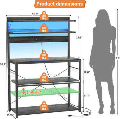 Bakers Rack with Power Outlet, Microwave Stand with LED Lights, 5-Tier Coffee Bar Cabinet with Storage, Kitchen Island Storage Rack with Hooks, Grey