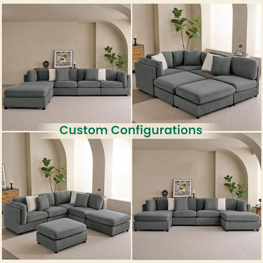 Sectional Sofa with Storage,Modern 6-Piece Convertible Sectional with 2 Chaises for Your Living Room, Bedroom, Home Office, or Guest Room, Includes 4 Cozy Pillows, Easy to Install, Dark Grey