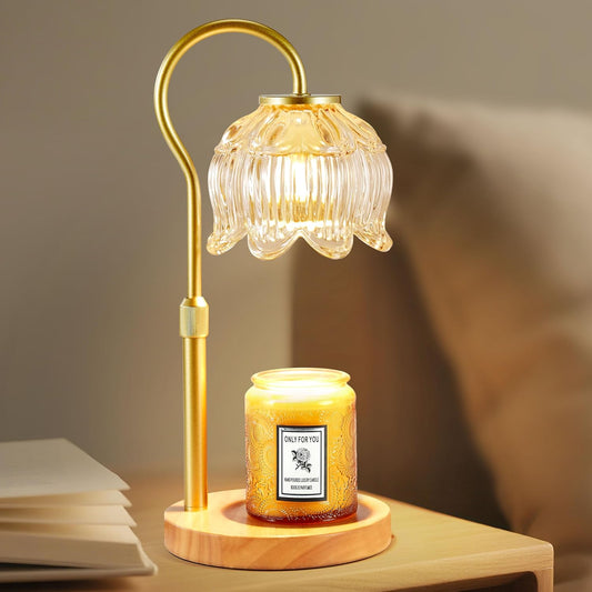 Dreamholder Electric Candle Warmer Lamp with Timer & Dimmer, Adjustable Height Wax Melt Warmer for Jar Candles, Wood Base Candle Melter, Floral Home Decor Gifts for Women, Mom, Gold