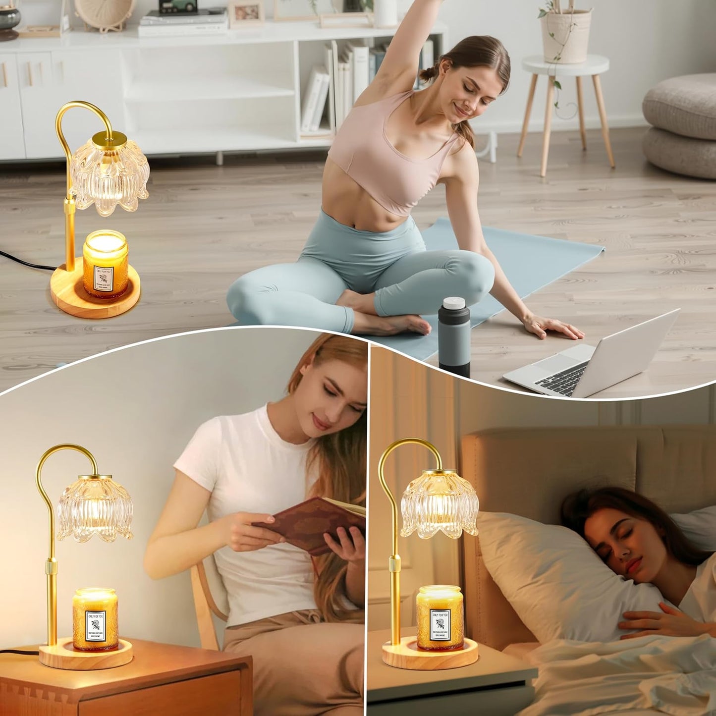 Dreamholder Electric Candle Warmer Lamp with Timer & Dimmer, Adjustable Height Wax Melt Warmer for Jar Candles, Wood Base Candle Melter, Floral Home Decor Gifts for Women, Mom, Gold