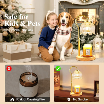 Dreamholder Electric Candle Warmer Lamp with Timer & Dimmer, Adjustable Height Wax Melt Warmer for Jar Candles, Wood Base Candle Melter, Floral Home Decor Gifts for Women, Mom, Gold
