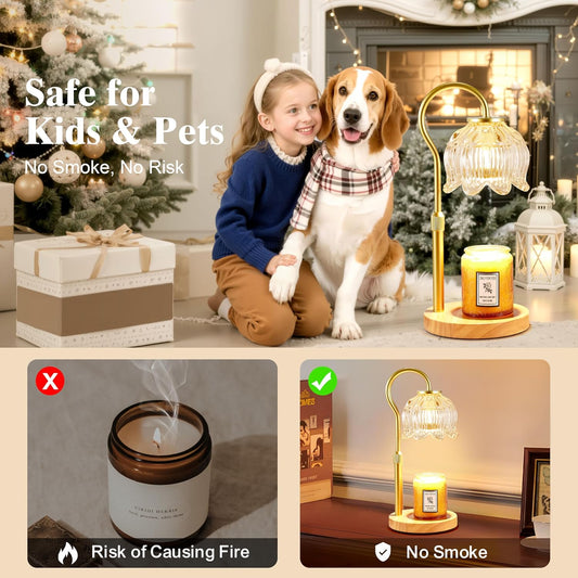 Dreamholder Electric Candle Warmer Lamp with Timer & Dimmer, Adjustable Height Wax Melt Warmer for Jar Candles, Wood Base Candle Melter, Floral Home Decor Gifts for Women, Mom, Gold