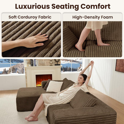 Modular Sectional Sofa Couch Luxurious Corduroy - High-Density Foam, Non-Slip Stability, Easy Setup with Box Packaging, Comfortable & Durable for Living Room, Apartment, Bedroom - Brown