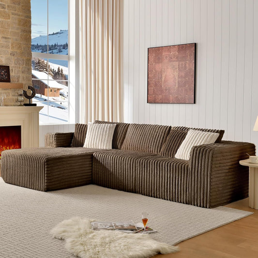 Modular Sectional Sofa Couch Luxurious Corduroy - High-Density Foam, Non-Slip Stability, Easy Setup with Box Packaging, Comfortable & Durable for Living Room, Apartment, Bedroom - Brown