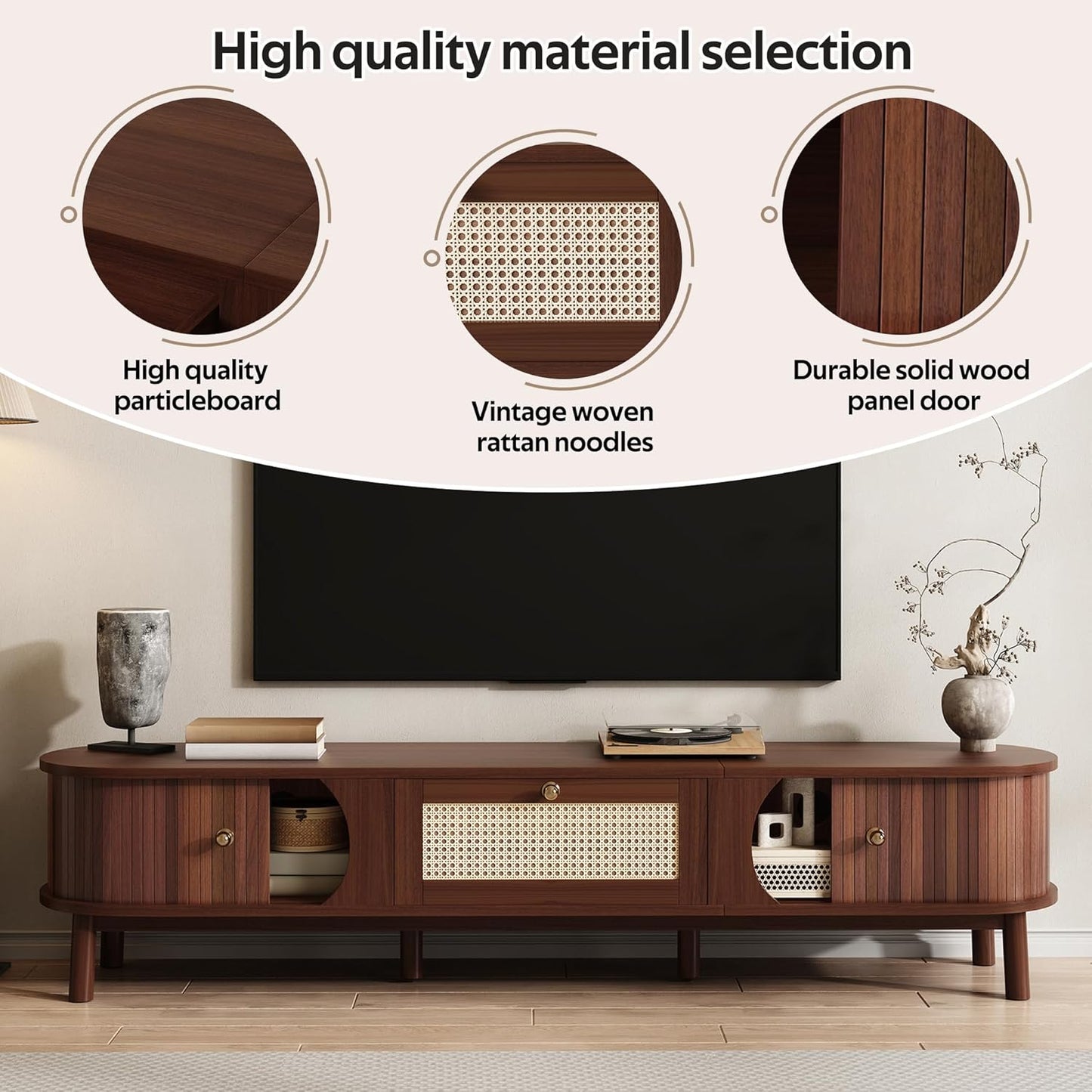 Modern TV Stand Cabinet,Fits 80“ TV Entertainment Center with Doors & Storage Compartments for Living Room Office Bedroom, Sturdy TV Console Table with Shelves, Easy Assembly (67” Rattan Walnut)