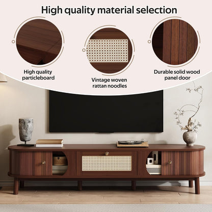 Modern TV Stand Cabinet,Fits 80“ TV Entertainment Center with Doors & Storage Compartments for Living Room Office Bedroom, Sturdy TV Console Table with Shelves, Easy Assembly (67” Rattan Walnut)