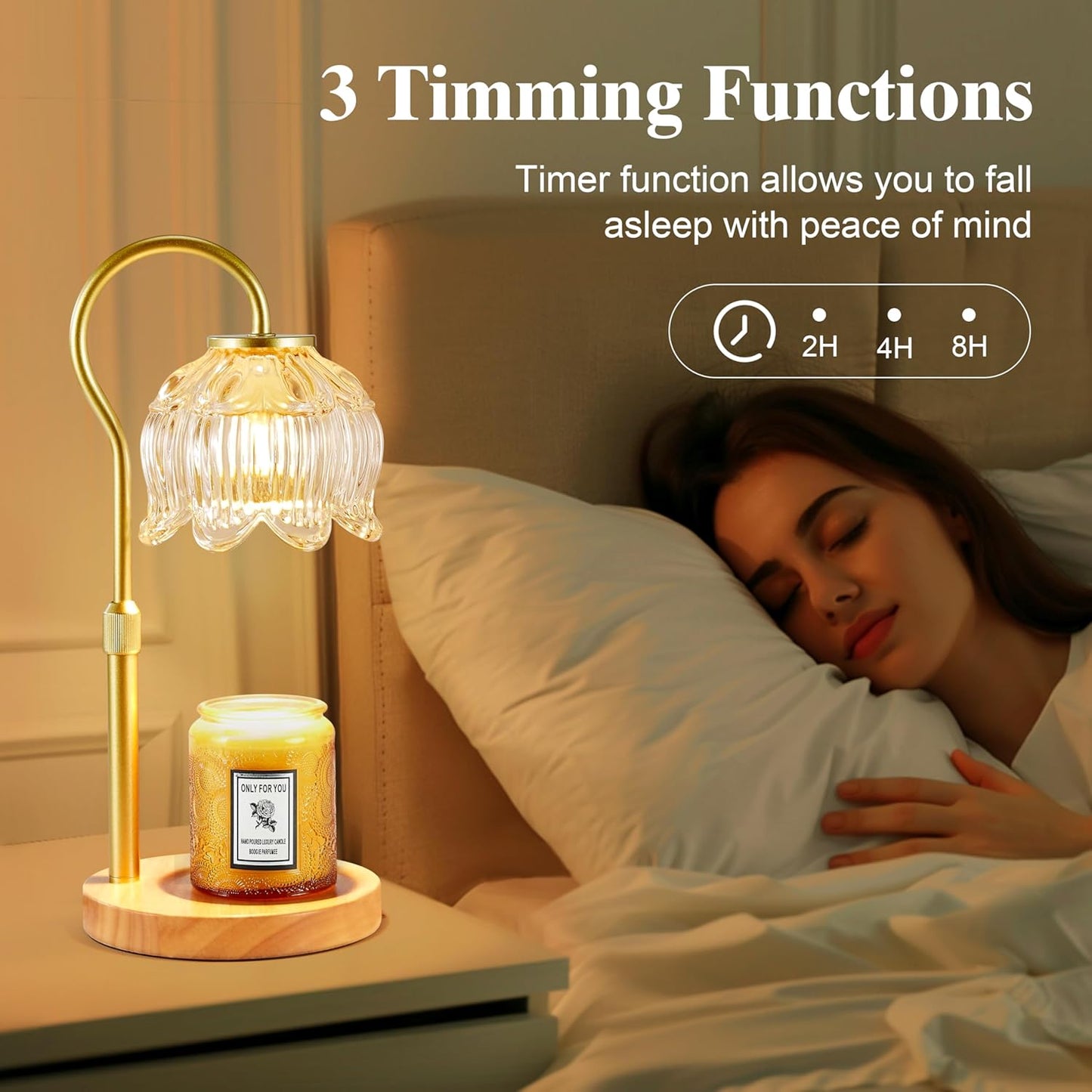 Dreamholder Electric Candle Warmer Lamp with Timer & Dimmer, Adjustable Height Wax Melt Warmer for Jar Candles, Wood Base Candle Melter, Floral Home Decor Gifts for Women, Mom, Gold